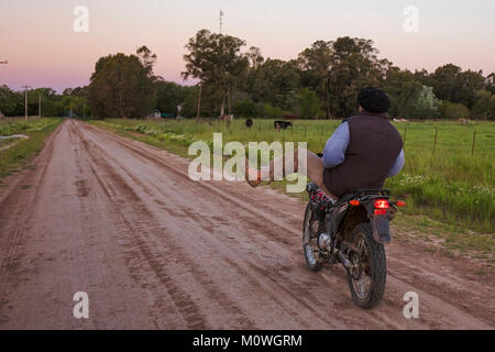 Ein Gaucho reitet ein Motorrad auf einem Feldweg in der argentinischen Pampa. Pardo, Argentinien. Stockfoto