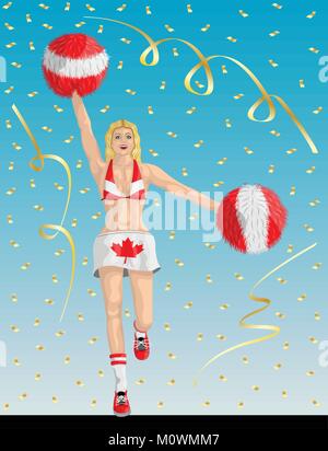 "Kanadischen Cheerleader von Kanada Fans "Cheerleader Mädchen, Konfetti Papiere und Hintergrund sind in verschiedenen Schichten. Stock Vektor