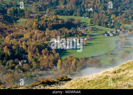 Luftaufnahme von Patterdale Dorf und Tal im englischen Lake District, Cumbria, England, Großbritannien Stockfoto