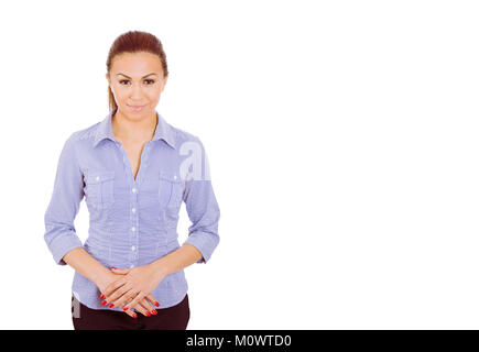Fröhliche ethnische Frau zufrieden an der Kamera posieren professionelles Arbeiten. Stockfoto