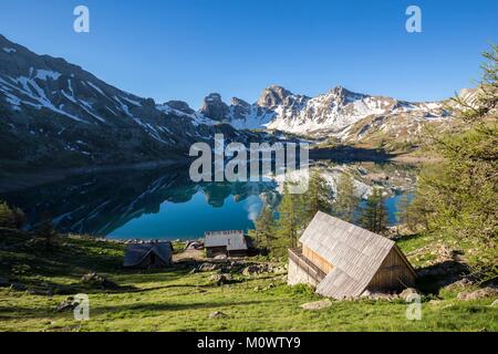 Frankreich, Alpes de Haute Provence, Nationalpark Mercantour, Haut Verdon, den See von Allos (2226 m), die Zuflucht der See von Allos, im Hintergrund der Tour du Lac Stockfoto