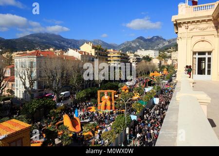 Frankreich, Alpes-Maritimes, Menton, Garten Bioves, Ausstellung von Zitrusfrüchten Motive, Zitrone festivalCinecitta aus der Palais de l'Europe Stockfoto