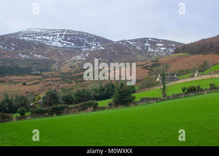 Ein Blick auf eine der vielen schneebedeckten Hügel und Täler der Mourne Mountains an trüben midwinter Nachmittag Stockfoto