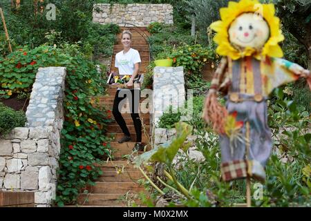 Fürstentum Monaco, Monaco, Jessica Sbaraglia Gründer von Terre de Monaco in ihrer Küche Garten am Fuße des Odeon tower arbeiten. Im Jahr 2016 startete von Jessica, Ehemaliger Schweizer Modell, Terre de Monaco hat sich zum weltweit größten privaten Farm für die städtische Landwirtschaft. Stockfoto