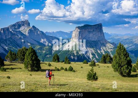 Frankreich, Isère, Vercors regionalen Naturpark, Wandern im Naturschutzgebiet des Vercors Hochland, Blick über Berg Aiguille (alt: 2087 m) und Grand Veymont (alt: 2341 m), dem höchsten Punkt des Vercors Massif () Stockfoto