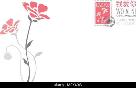 Postkarte mit dem Phrase, die ich Sie in Deutsch, Englisch, Spanisch und Chinesisch Mandarin Liebe mit rosa Stempel und Blumen in Pink und Grau im Hintergrund Stock Vektor
