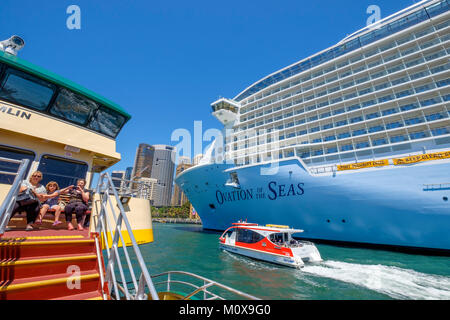 Sydney, mit der Fähre vom Circular Quay. Die Weitergabe Royal Caribbean Ovation der Meere Kreuzfahrt Schiff vertäut an Overseas Passenger Terminal am Circular Quay Stockfoto