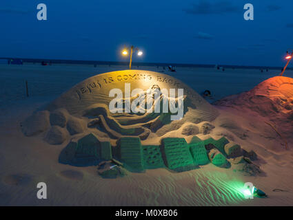 Biblische Sand Skulptur in der Nähe der Strandpromenade in Ocean City, Maryland, Vereinigte Staaten. Stockfoto