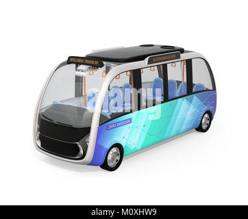 Autonome shuttle bus mit offener Tür auf weißem Hintergrund. 3D-Bild. Stockfoto