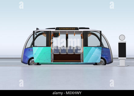 Seitenansicht des autonomen Shuttle Bus am Busbahnhof wartet. 3D-Bild. Stockfoto