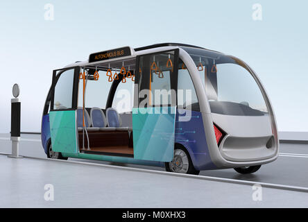Selbstfahrer Shuttle Bus am Busbahnhof wartet. Der Busbahnhof mit Solarzellen für die Stromversorgung ausgestattet. 3D-Bild. Stockfoto
