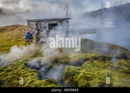 Secret Lagoon, natürlichen Heißen Quellen von der Stadt Fludir, Island Stockfoto