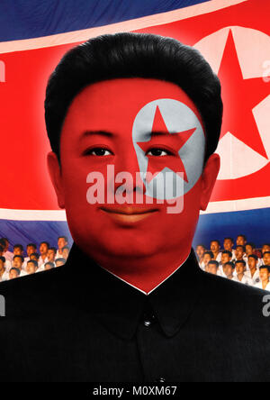 Nordkoreas Führer Kim Jong Il mit einem fussballfan Make-up, Pyongan Provinz, Pyongyang, Nordkorea Stockfoto