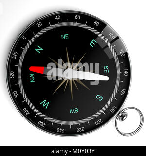 Blick von oben auf einen Kompass, mit der Compass Rose, auf weißem Hintergrund Stockfoto