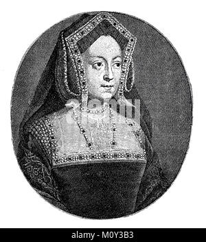 Portrait von Katharina von Aragon auch Katharina von Aragon, 15. Dezember 1485 - 7 Januar 1536, war die erste Frau von Heinrich VIII. zur Königin von England, ihr Lebensmotto war, demütig und treu, digital verbesserte Datei eines ursprünglichen Drucken des 19. Stockfoto