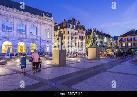 Frankreich, Savoyen, Chambery, der Altstadt, des Palais de Justice, Statuen Charles-Alphonse Gumery's von denen, die von Antoine Favre im Zentrum und das Museum der Schönen Künste, Kunst Galerie Stockfoto