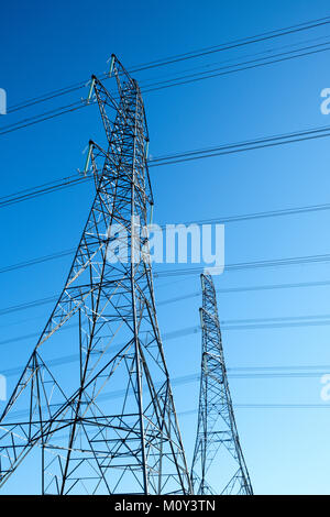 Elektrizität Masten (Getriebe-/Power Tower) in das nationale Stromnetz vom Kernkraftwerk Dungeness, Kent, England verteilen, Großbritannien Stockfoto