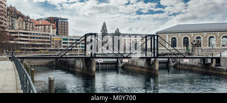 Der Damm auf der Rhone in Genf Stadtzentrum. Stockfoto