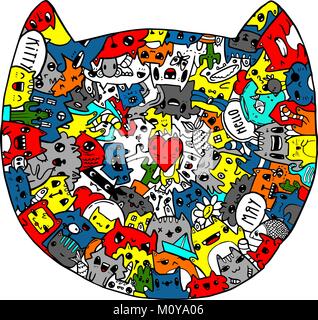 Hand Gezeichnet Bunt Eingekreiste Katzen Doodles Innen Cat Kopfform Vektor Lustige Haustiere Cartoon Auf Weissem Hintergrund Stock Vektorgrafik Alamy