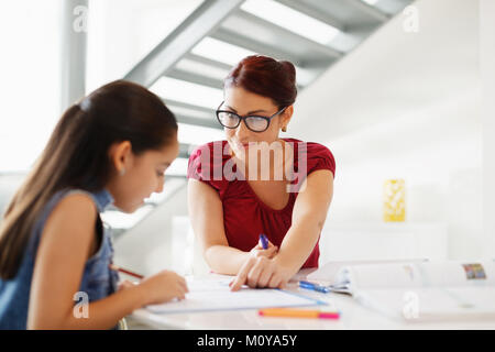 Bildung mit Mama hilft Tochter tun Schule Hausaufgaben zu Hause Stockfoto