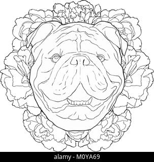 Schwarzer umriss Abbildung: bulldogge und Pfingstrosen. Hand Hund Gesicht mit floral background gezeichnet. Vektor Malbuch Seite. Stock Vektor
