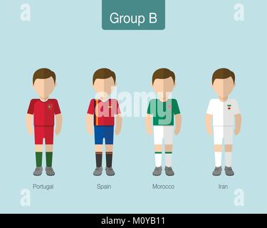 2018 Fußball oder Football Team einheitlich. Gruppe B mit Portugal, Spanien, Marokko, IR IRAN. Flache Bauform. Vector Illustration. Stock Vektor