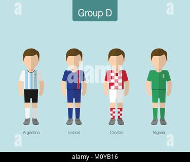 2018 Fußball oder Football Team einheitlich. Gruppe D mit Argentinien, Island, Kroatien, Nigeria. Flache Bauform. Vector Illustration. Stock Vektor