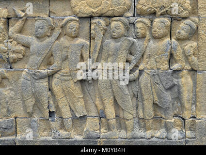 Detail der Buddhistischen geschnitzte Relief in Borobudur Tempel in Yogyakarta, Java, Indonesien. Stockfoto