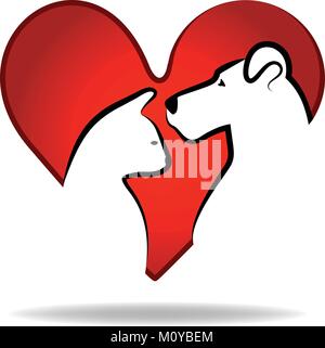 Katze und Hund zeichnen in einem roten Herzen Liebestiere Liebhaber Konzeptsymbol Logo Grafikdesign Vektor Stock Image Ai Hintergrundvorlage Stock Vektor