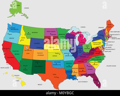 USA 50 Bundesstaaten Bunte Karte und Staatsnamen Vektor Bild Abbildung Stock Vektor