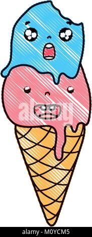 Geriebenen cute Ice Cream von zwei Kugeln kawaii mit Cornet Stock Vektor