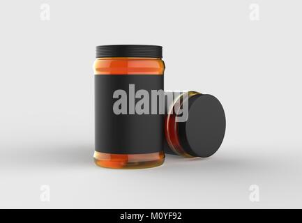 Honig im Glas mock up auf weichen grauen Hintergrund mit schwarzem Etikett isoliert. 3D-Darstellung Stockfoto