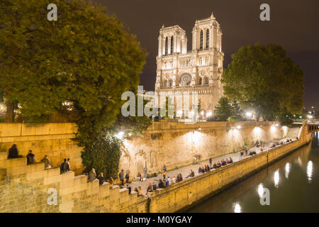 Abendstimmung am Ufer der Seine, hinter der Kathedrale Notre Dame de Paris Paris Paris, Frankreich Stockfoto