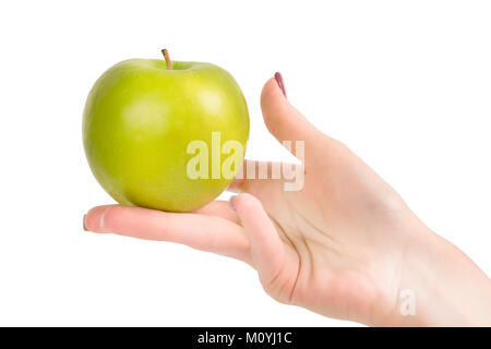 Frau hand Green Apple. Auf weißen, Beschneidungspfade getrennt ausgewiesen Stockfoto