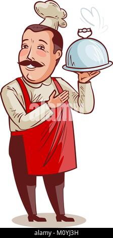 Happy Chef. Kochen mit Fach, cloche in der Hand. Kochen, Restaurant Konzept. Cartoon Vector Illustration Stock Vektor