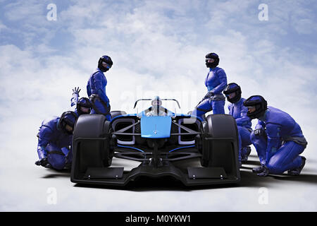 Futuristische Pit Crew Wartung Rennwagen Stockfoto