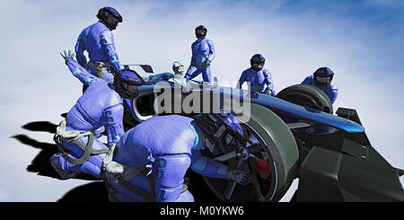 Futuristische Pit Crew Wartung Rennwagen Stockfoto