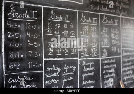 Arithmetik- und Rechtschreibunterricht für mehrere Noten, geschrieben auf Schiefertafel im alten Einzimmerschulhaus, Calgary, Alberta, Kanada Stockfoto