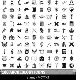 100 Archäologie Symbole gesetzt, einfachen Stil Stock Vektor