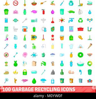 100 Müll recycling Symbole gesetzt, cartoon-Stil Stock Vektor