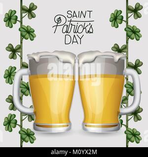 Plakat Saint Patricks Day mit zwei bierkrüge und Klettern Werk von Klee in bunten Silhouette auf weißem Hintergrund Stock Vektor