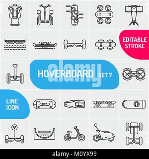 Moderne thin line selbstausgleichenden Elektroroller Symbole gesetzt. Premium Qualität Umrisse hoverboard Symbol Collection. Einfache mono linear Transporteinrichtung Piktogramm pack. Stock Vektor