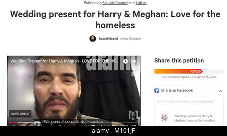 Belfast, UK. 24. Januar 2018, über 100.000 Menschen unterzeichnet Hochzeitsgeschenk für Harry & Meghan: Liebe für Wohnungslose Petition. Slough Ratsmitglied Simon Dudley's vorgeschlagenen wirtschaftlichen in Vorbereitung von Prinz Harry's Hochzeit Meghan Markle, die in Windsor, reinigen. Preisgekrönte Komiker, Schriftsteller, Schauspieler und Moderator Russell Brand, die die Petition gestartet, möchte Slough Rat ein Gebäude, dass SHOC (Slough Obdachlose unsere Besorgnis) ein neues Zuhause zu haben, nach Re-Purpose shoc selbst sind nun obdachlos von Slough Rat. Dies bedeutet, dass besonders gefährdete Kunden, die Stockfoto