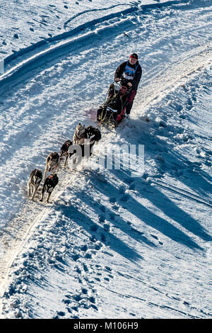 Destne v Orlickych horach, Tschechien, am 25. Januar 2018. Ein Hundeschlitten in Aktion während der 22 Jahre der "edivackuv lange "Extreme Race in Destne v Orlickych horach, Tschechien, am 25. Januar 2018. Das Rennen endet am 27. Januar. (CTK Photo/David Tanecek) Quelle: CTK/Alamy leben Nachrichten Stockfoto