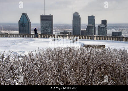 Skyline von Montreal im Winter mit Büschen bedeckt mit Eis Stockfoto