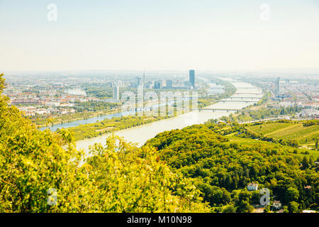 Blick auf Wien und die Donau vom Leopoldsberg, Wien, Österreich Stockfoto