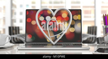 Valentinstag Konzept. Weiß angehängte Herz auf einem Laptop, blur Büro Hintergrund. 3D-Darstellung Stockfoto