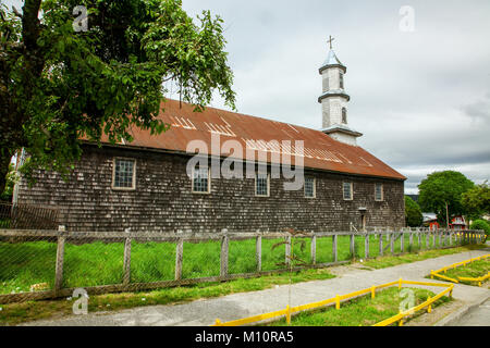 Chiloe Insel (Chile): Dalcahue, Kirche Unserer Lieben Frau der Schmerzen ("Iglesia de Nuestra Se-ora de los Dolores de Dalcahue'), UNESCO-Weltkulturerbe, o Stockfoto