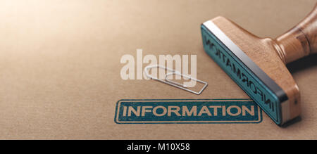 3D-Darstellung der Stempel über Papier Hintergrund mit den Informationen. Stockfoto
