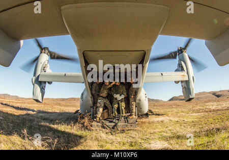 MARINE CORPS BASE CAMP Pendleton, Calif. - Marines mit Alpha Company, 1 Reconnaissance Bataillon, 1st Marine Division, für schnelle roping Ausbildung vorbereiten, während auf der Rückseite ein MV-22 Osprey während der Übung Iron Fist 2018, Jan. 23. Iron Fist bringt US-Marines aus dem 11. MEU und Soldaten aus dem JGSDF ihre bilateralen Planung, die Kommunikation zu verbessern und die Durchführung des kombinierten amphibischen Operationen. (U.S. Marine Corps Stockfoto
